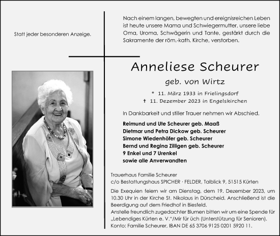 Anzeige von Anneliese Scheurer von Kölner Stadt-Anzeiger / Kölnische Rundschau / Express