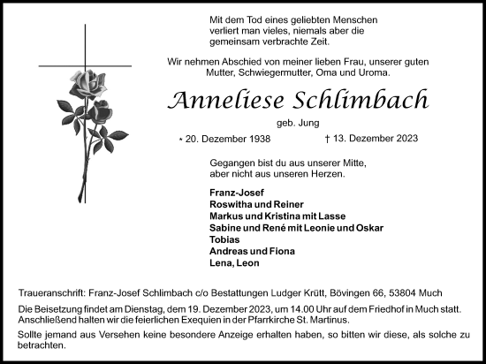 Anzeige von Anneliese Schlimbach von Kölner Stadt-Anzeiger / Kölnische Rundschau / Express