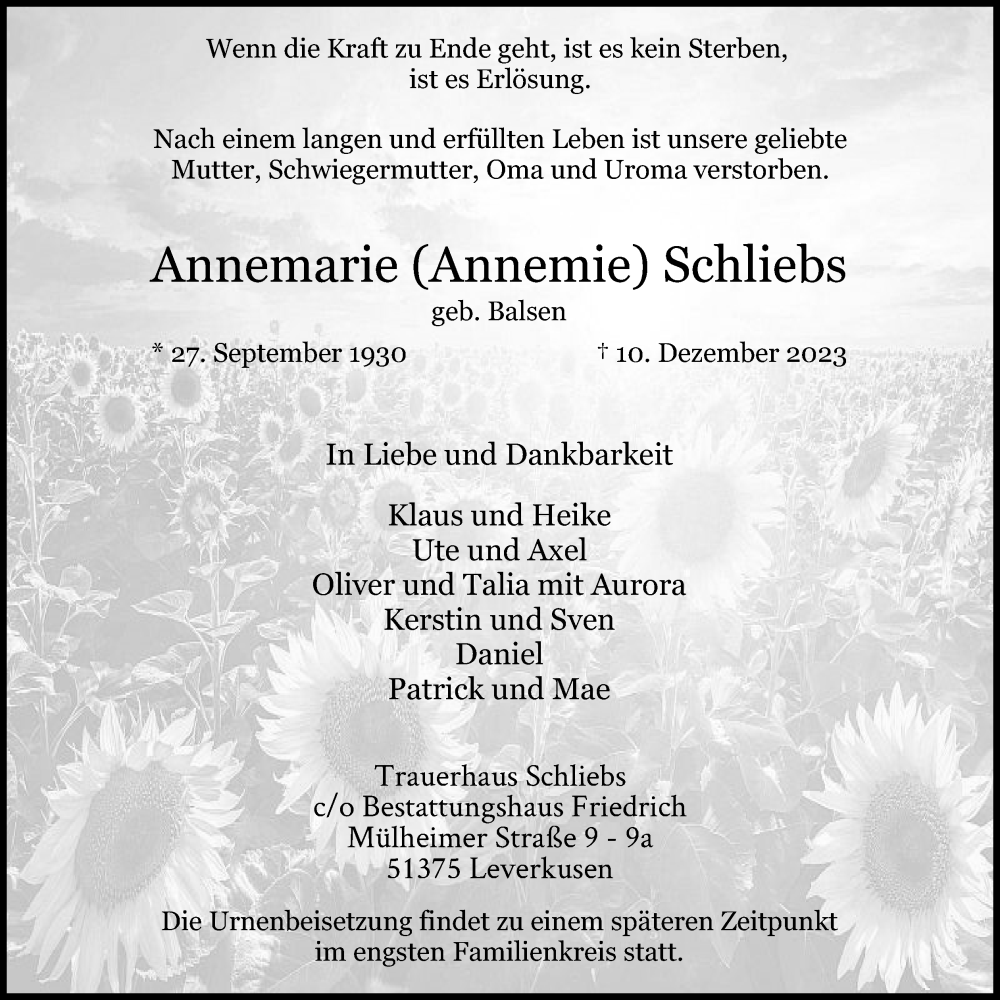  Traueranzeige für Annemarie Schliebs vom 23.12.2023 aus Kölner Stadt-Anzeiger / Kölnische Rundschau / Express