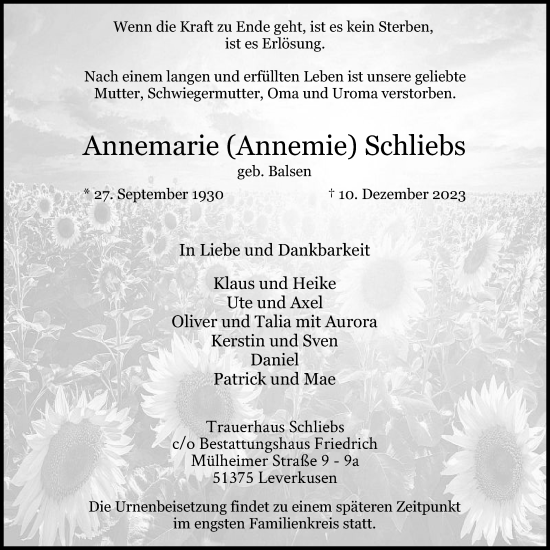 Anzeige von Annemarie Schliebs von Kölner Stadt-Anzeiger / Kölnische Rundschau / Express