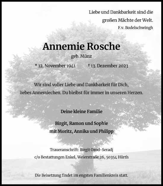 Anzeige von Annemie Rosche von Kölner Stadt-Anzeiger / Kölnische Rundschau / Express