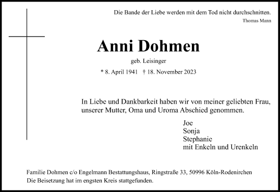 Anzeige von Anni Dohmen von Kölner Stadt-Anzeiger / Kölnische Rundschau / Express