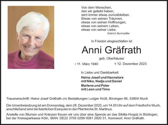 Anzeige von Anni Gräfrath von Kölner Stadt-Anzeiger / Kölnische Rundschau / Express