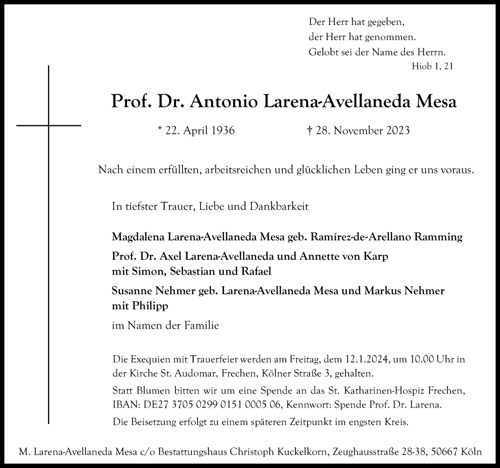 Traueranzeige für Antonio Larena-Avellaneda Mesa vom 16.12.2023 aus Kölner Stadt-Anzeiger / Kölnische Rundschau / Express