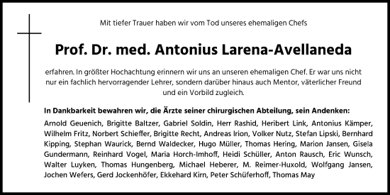 Anzeige von Antonius Larena-Avellaneda von Kölner Stadt-Anzeiger / Kölnische Rundschau / Express