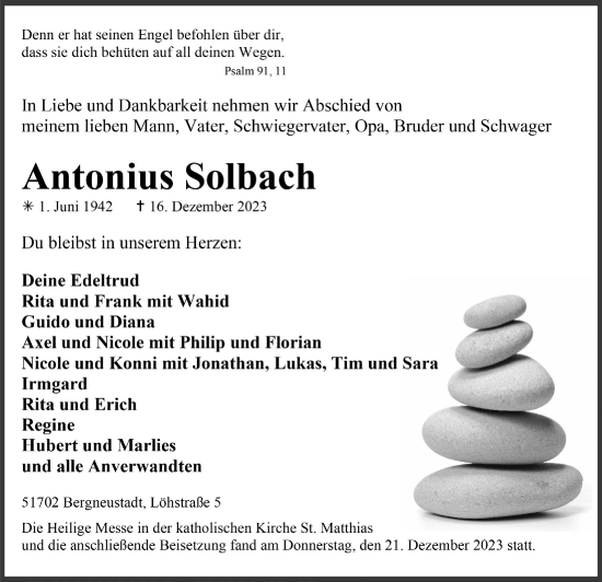 Anzeige von Antonius Solbach von  Anzeigen Echo 