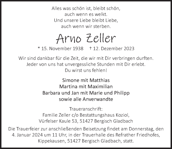 Anzeige von Arno Zeller von  Bergisches Handelsblatt 