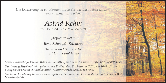 Anzeige von Astrid Rehm von Kölner Stadt-Anzeiger / Kölnische Rundschau / Express