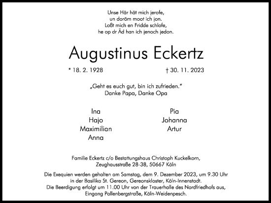 Anzeige von Augustinus Eckertz von Kölner Stadt-Anzeiger / Kölnische Rundschau / Express