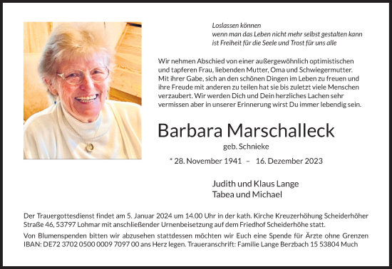 Anzeige von Barbara Marschalleck von Kölner Stadt-Anzeiger / Kölnische Rundschau / Express