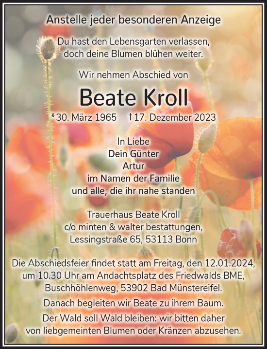 Anzeige von Beate Kroll von  Blickpunkt Euskirchen 