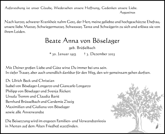 Anzeige von Beate Anna von Böselager von Kölner Stadt-Anzeiger / Kölnische Rundschau / Express