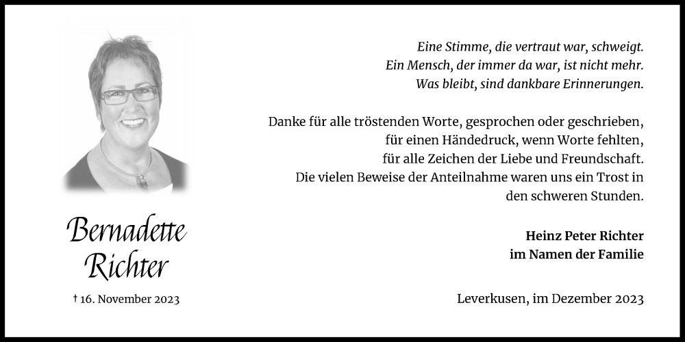  Traueranzeige für Bernadette Richter vom 23.12.2023 aus Kölner Stadt-Anzeiger / Kölnische Rundschau / Express