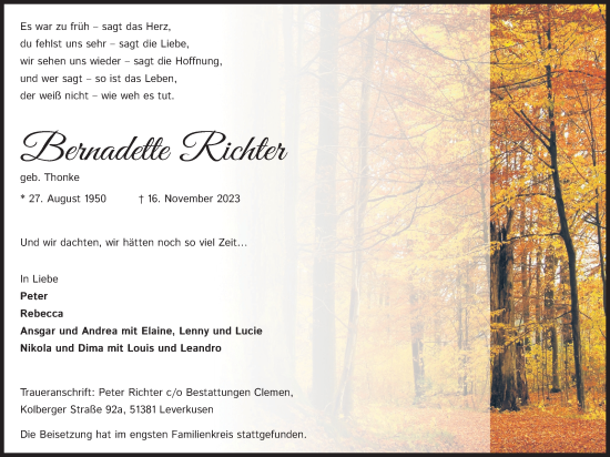 Anzeige von Bernadette Richter von Kölner Stadt-Anzeiger / Kölnische Rundschau / Express