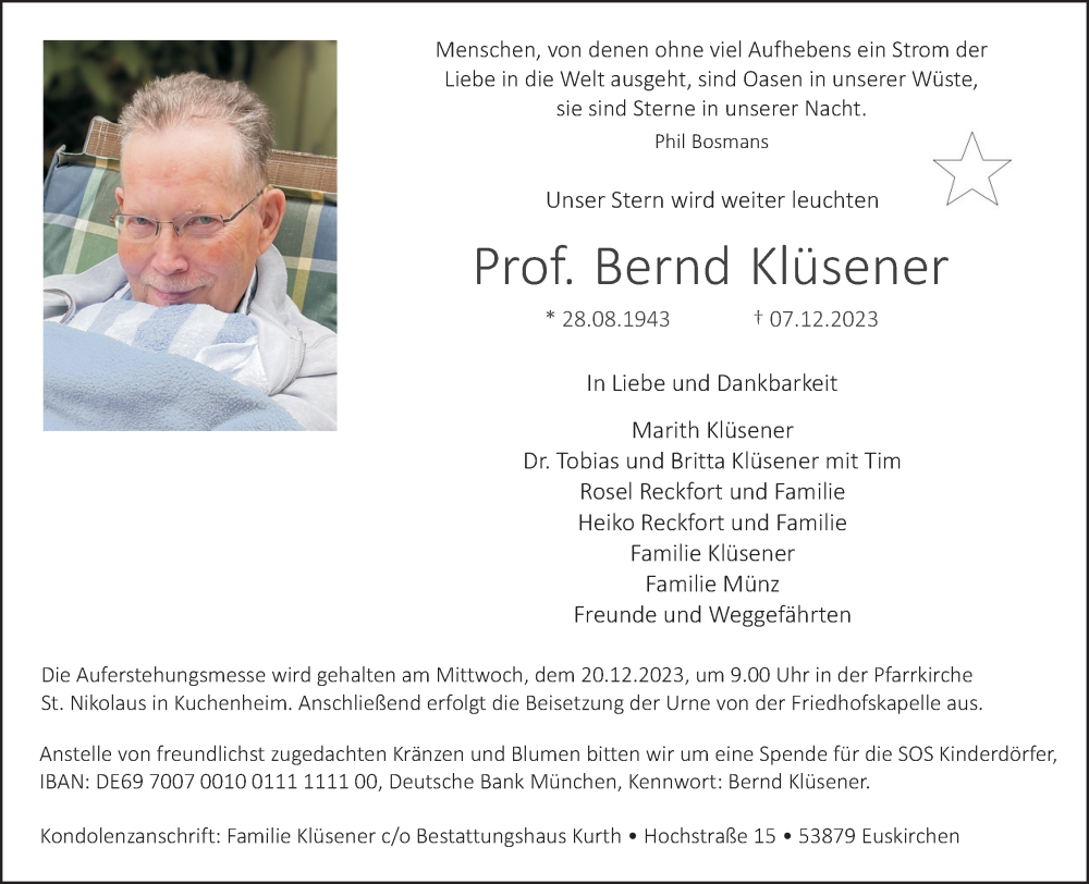  Traueranzeige für Bernd Klüsener vom 16.12.2023 aus Kölner Stadt-Anzeiger / Kölnische Rundschau / Express