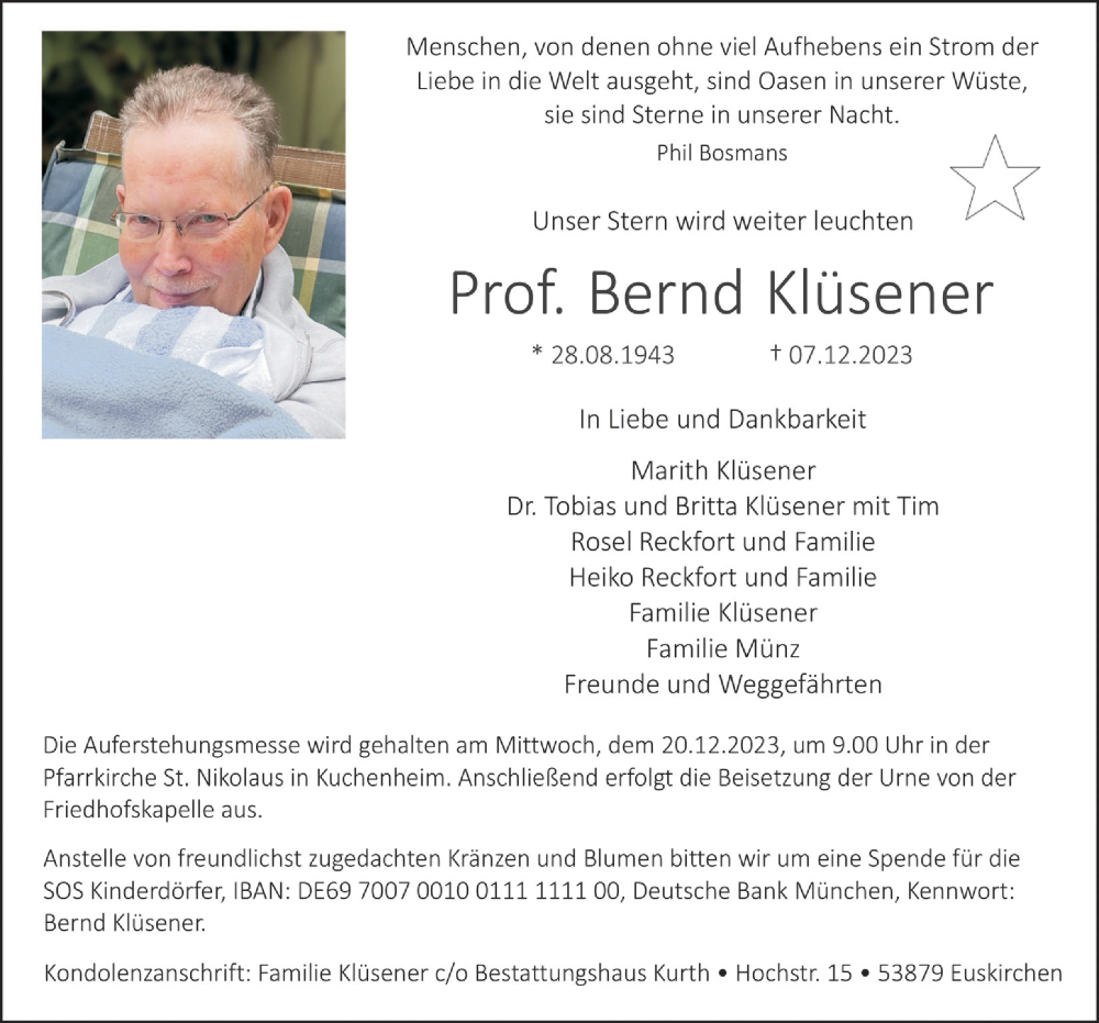  Traueranzeige für Bernd Klüsener vom 16.12.2023 aus  Blickpunkt Euskirchen 
