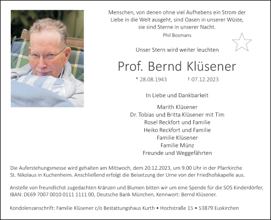 Anzeige von Bernd Klüsener von Kölner Stadt-Anzeiger / Kölnische Rundschau / Express
