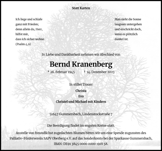 Anzeige von Bernd Kranenberg von Kölner Stadt-Anzeiger / Kölnische Rundschau / Express