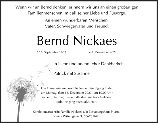 Anzeige von Bernd Nickaes von Kölner Stadt-Anzeiger / Kölnische Rundschau / Express
