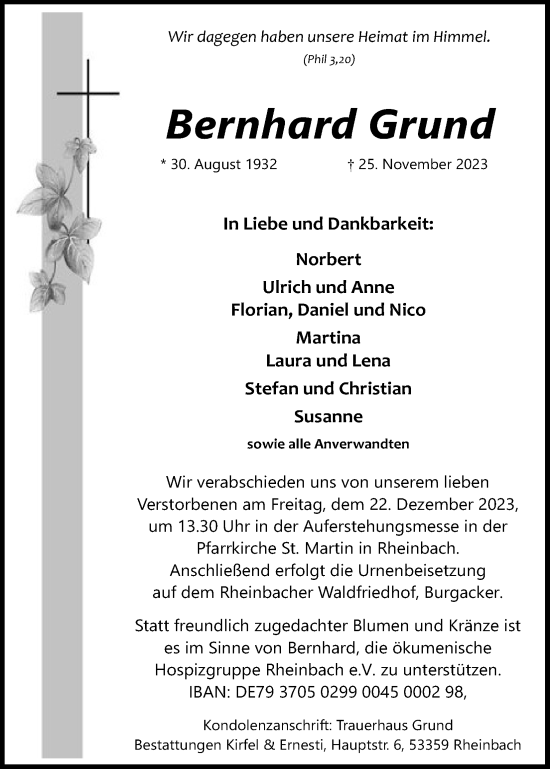 Anzeige von Bernhard Grund von Kölner Stadt-Anzeiger / Kölnische Rundschau / Express