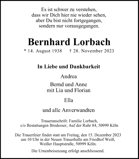 Anzeige von Bernhard Lorbach von Kölner Stadt-Anzeiger / Kölnische Rundschau / Express