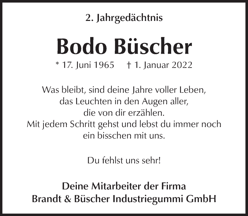  Traueranzeige für Bodo Büscher vom 18.07.2023 aus  Werbepost 