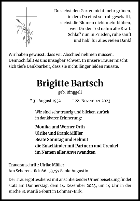 Anzeige von Brigitte Bartsch von Kölner Stadt-Anzeiger / Kölnische Rundschau / Express