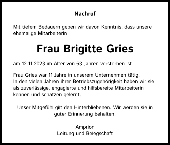Anzeige von Brigitte Gries von Kölner Stadt-Anzeiger / Kölnische Rundschau / Express