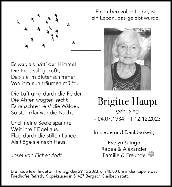 Anzeige von Brigitte Haupt von  Bergisches Handelsblatt 