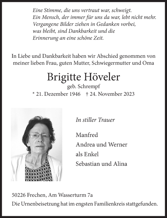 Anzeige von Brigitte Höveler von  Wochenende 