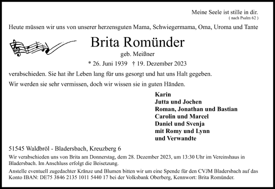 Anzeige von Brita Romünder von Kölner Stadt-Anzeiger / Kölnische Rundschau / Express