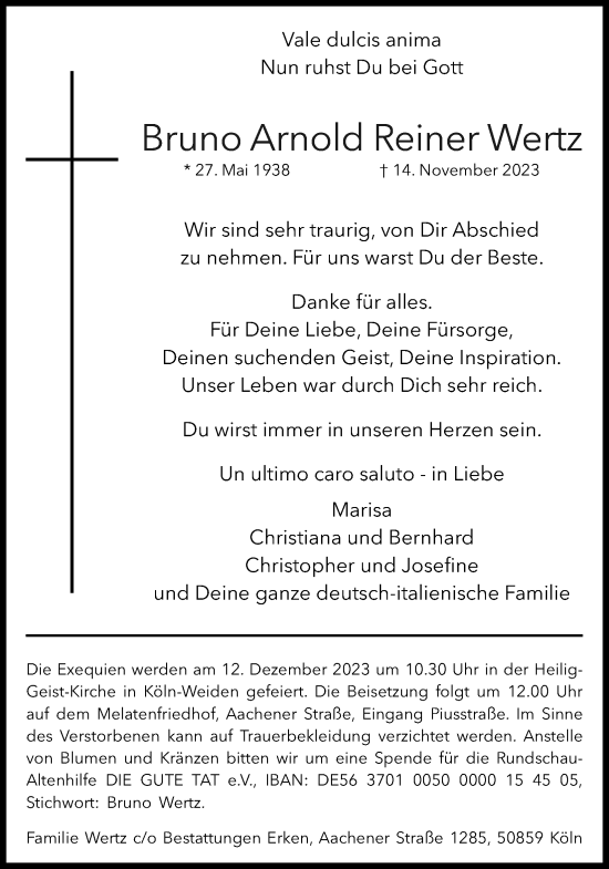 Anzeige von Bruno Arnold Reiner Wertz von Kölner Stadt-Anzeiger / Kölnische Rundschau / Express