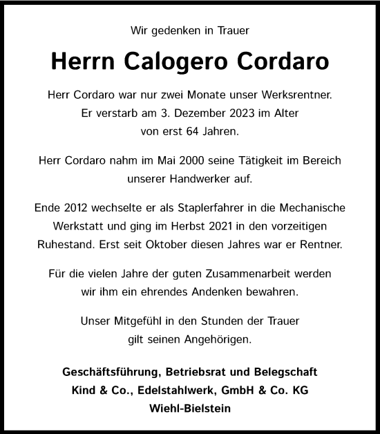Anzeige von Calogero Cordaro von Kölner Stadt-Anzeiger / Kölnische Rundschau / Express