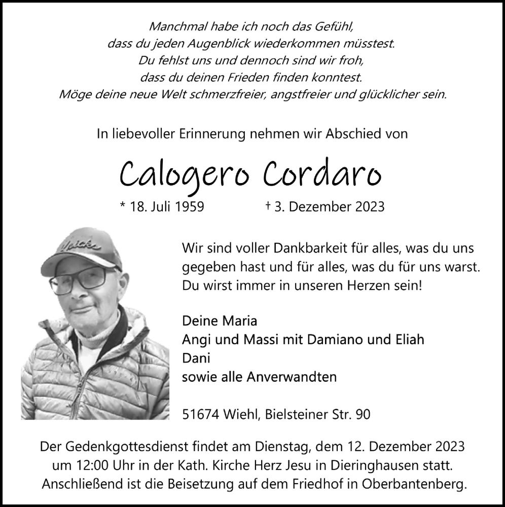  Traueranzeige für Calogero Cordaro vom 08.12.2023 aus  Anzeigen Echo 