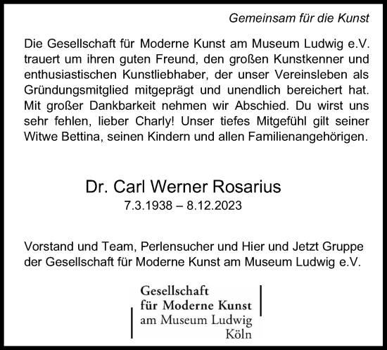 Anzeige von Carl Werner Rosarius von Kölner Stadt-Anzeiger / Kölnische Rundschau / Express