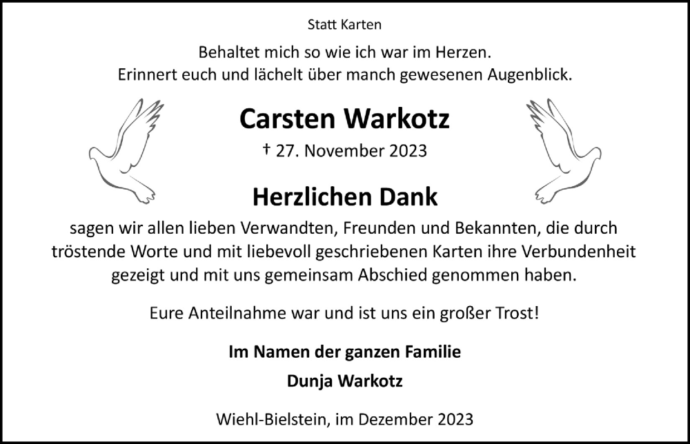  Traueranzeige für Carsten Warkotz vom 29.12.2023 aus  Anzeigen Echo 
