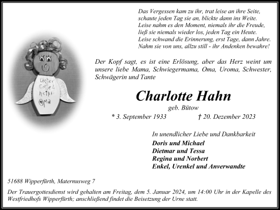 Anzeige von Charlotte Hahn von Kölner Stadt-Anzeiger / Kölnische Rundschau / Express