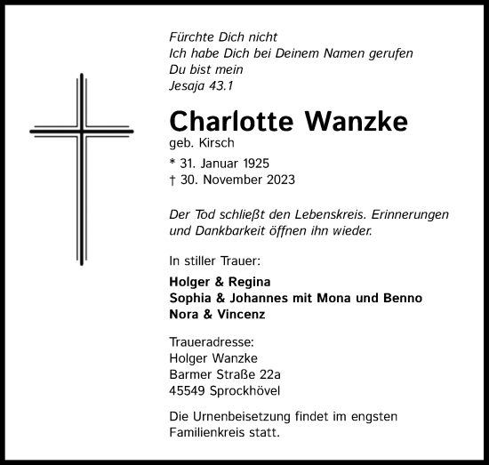 Anzeige von Charlotte Wanzke von Kölner Stadt-Anzeiger / Kölnische Rundschau / Express