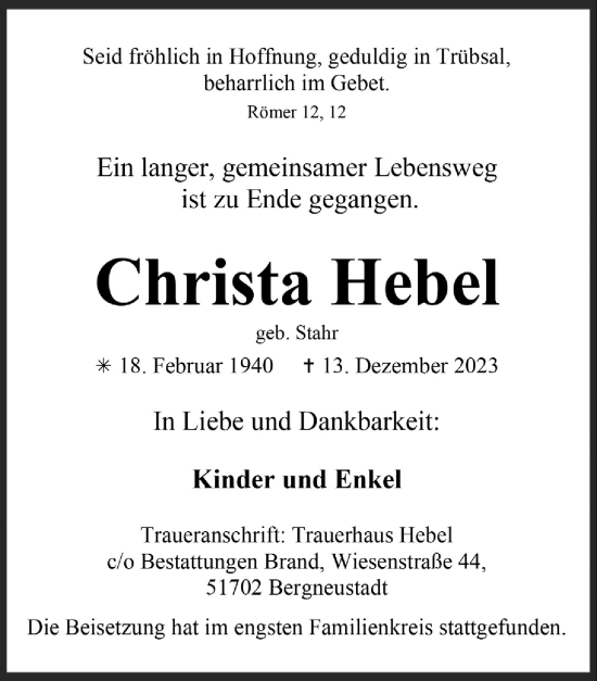 Anzeige von Christa Hebel von  Anzeigen Echo 