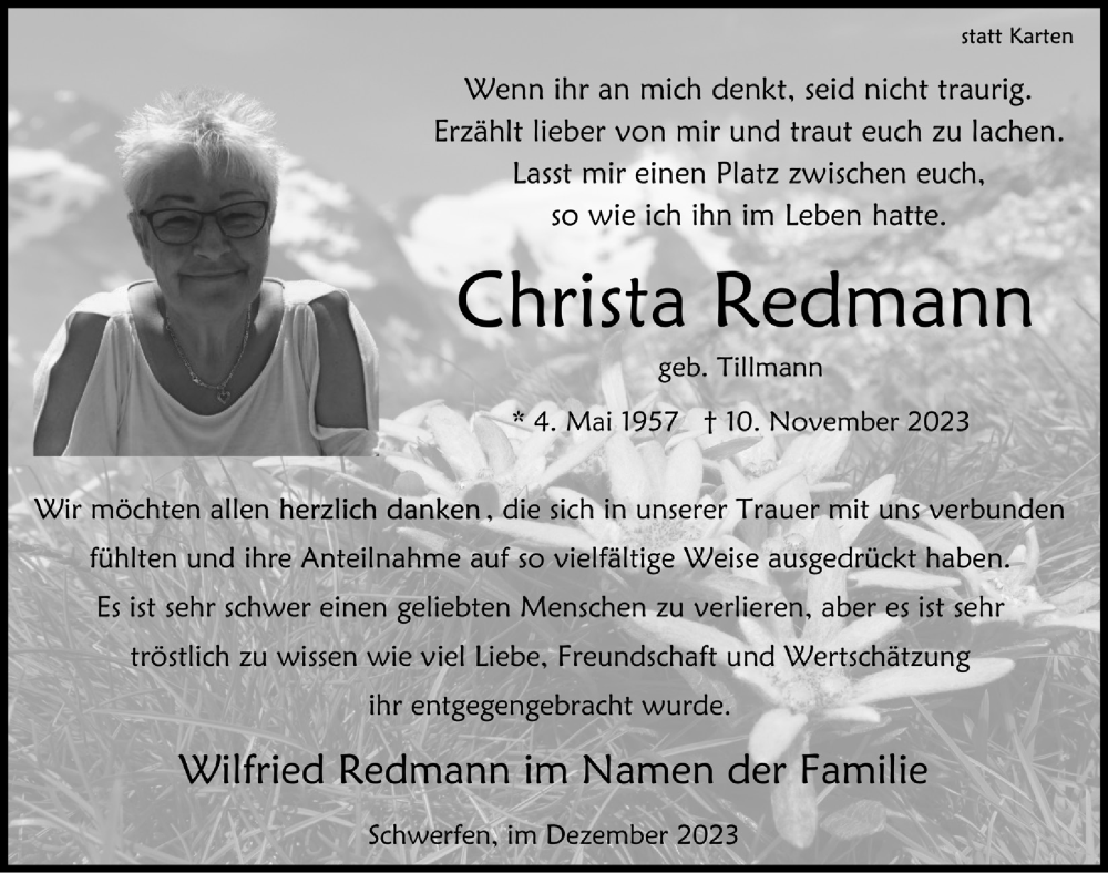  Traueranzeige für Christa Redmann vom 16.12.2023 aus  Blickpunkt Euskirchen 