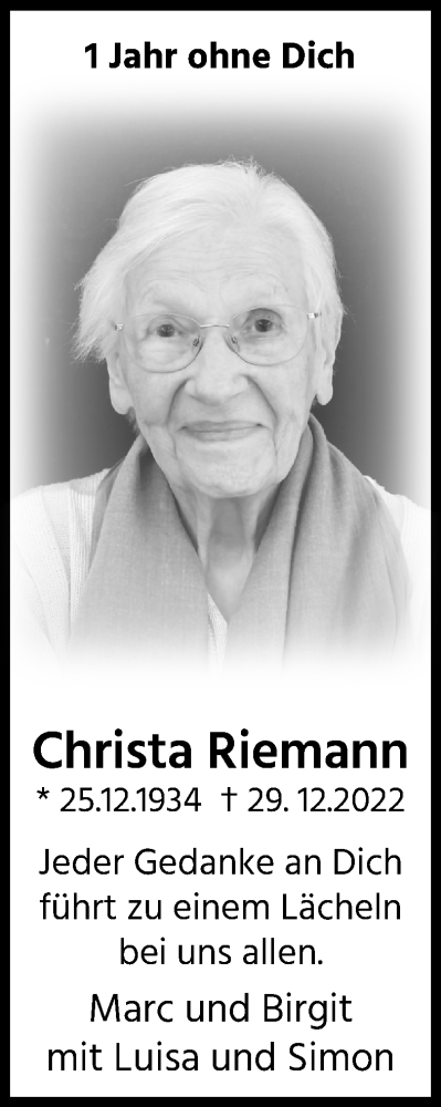 Anzeige von Christa Riemann von Kölner Stadt-Anzeiger / Kölnische Rundschau / Express