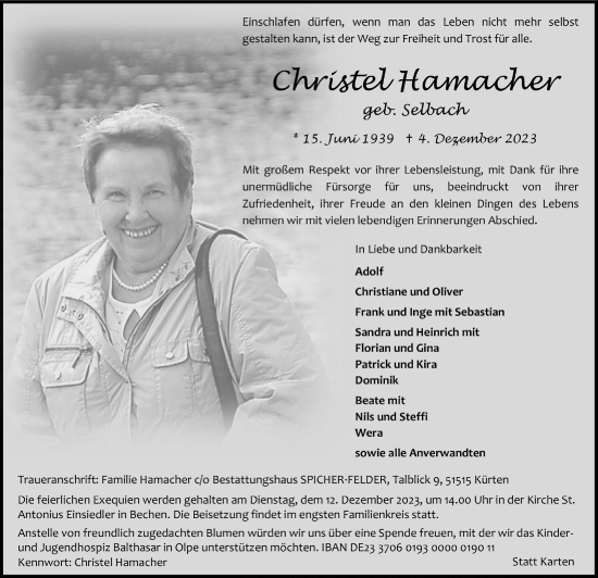 Anzeige von Christel Hamacher von  Bergisches Handelsblatt 