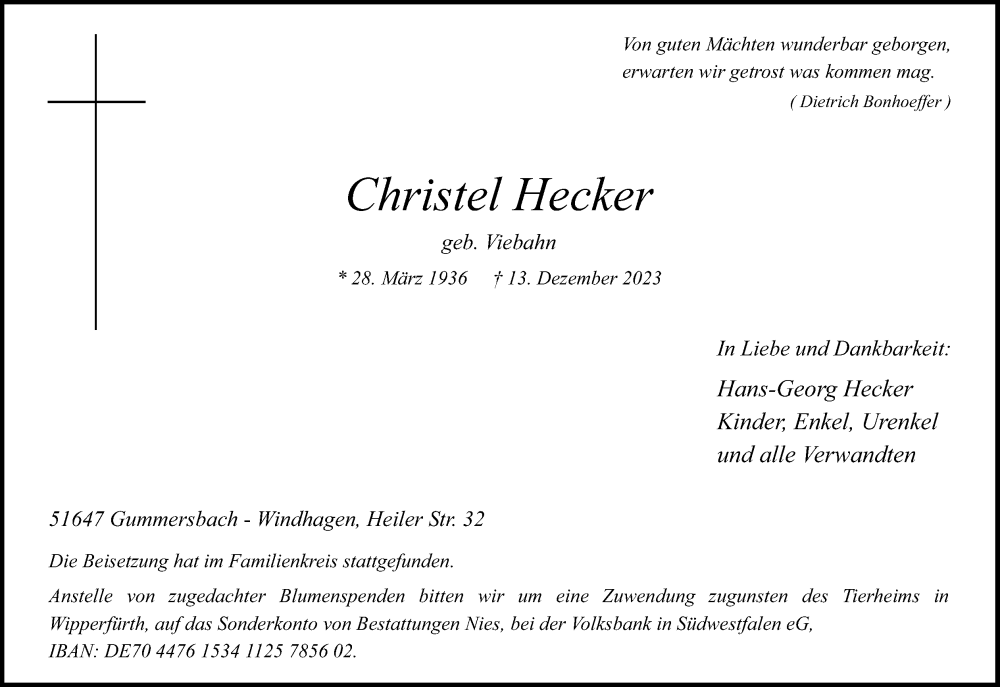  Traueranzeige für Christel Hecker vom 22.12.2023 aus Kölner Stadt-Anzeiger / Kölnische Rundschau / Express