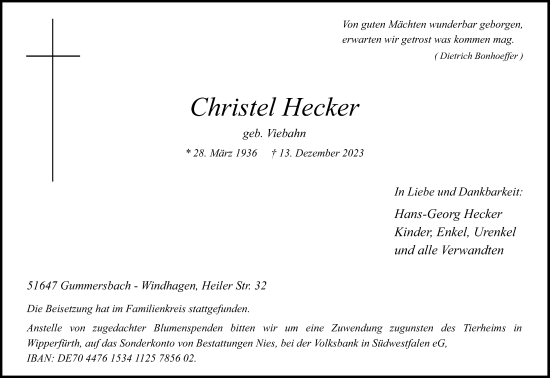 Anzeige von Christel Hecker von Kölner Stadt-Anzeiger / Kölnische Rundschau / Express