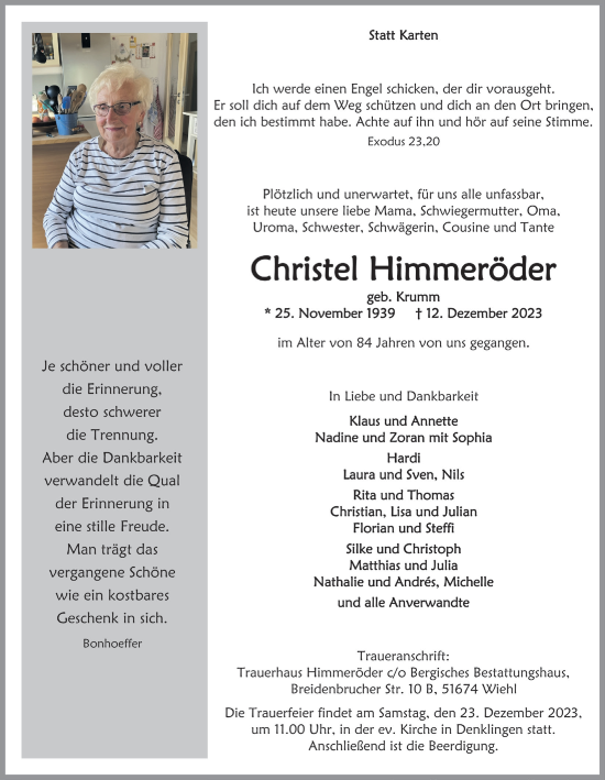 Anzeige von Christel Himmeröder von  Lokalanzeiger 