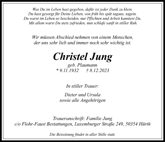 Anzeige von Christel Jung von  Wochenende 