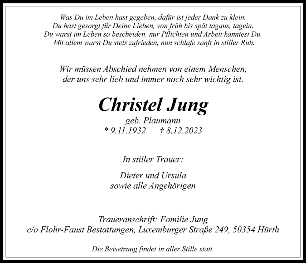  Traueranzeige für Christel Jung vom 22.12.2023 aus  Wochenende 