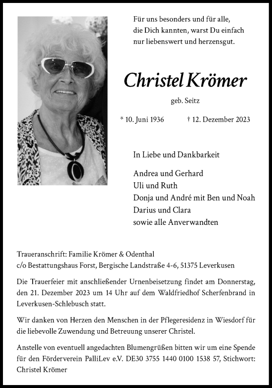 Anzeige von Christel Krömer von Kölner Stadt-Anzeiger / Kölnische Rundschau / Express