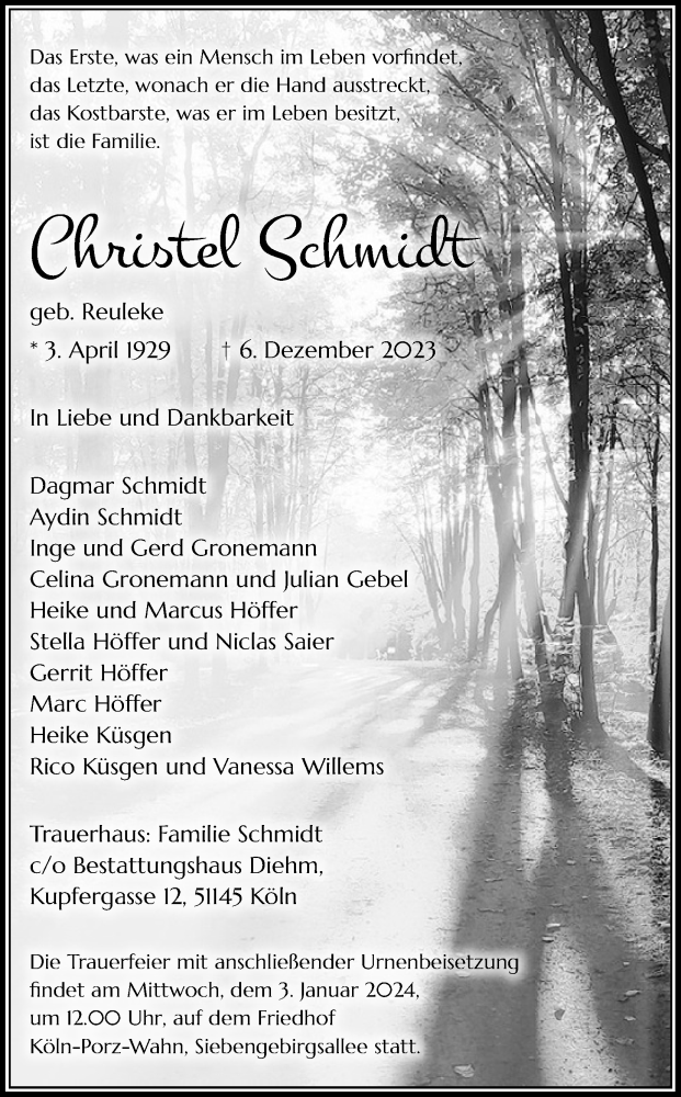  Traueranzeige für Christel Schmidt vom 16.12.2023 aus Kölner Stadt-Anzeiger / Kölnische Rundschau / Express