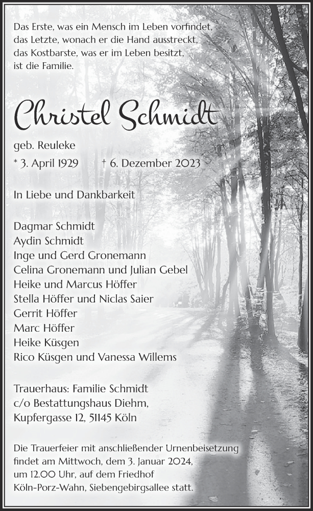  Traueranzeige für Christel Schmidt vom 15.12.2023 aus  EXPRESS - Die Woche 